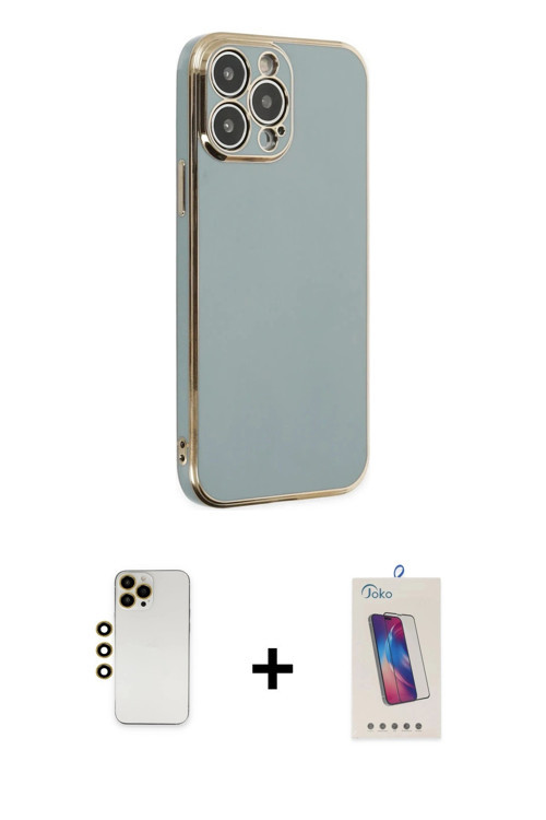 ieg™ iPhone 13 Pro Max Kılıf Yankı Serisi - Siyah Joko 5D Cam + Gold Shine Kamera Lens