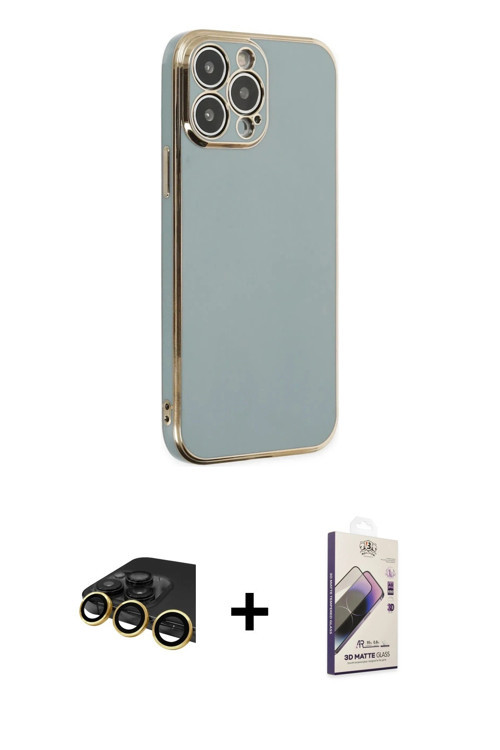 ieg™ iPhone 13 Pro Max Kılıf Yankı Serisi - Siyah Bilvis 3D Mat Cam Ekran Koruyucu + Gold Raze Metal