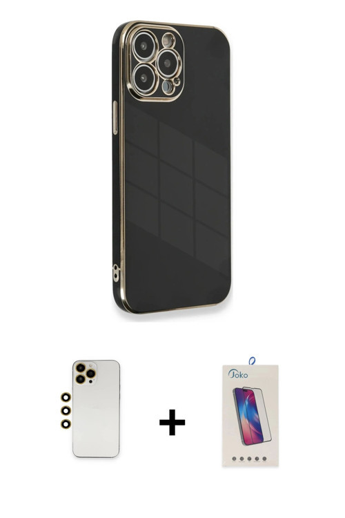 ieg™ iPhone 13 Pro Max Kılıf Yankı Serisi - Siyah Joko 5D Cam + Gold Shine Kamera Lens