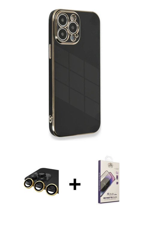 ieg™ iPhone 13 Pro Max Kılıf Yankı Serisi - Siyah Bilvis 3D Mat Cam Ekran Koruyucu + Gold Raze Metal