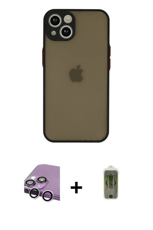 ieg™ iPhone 14 Kılıf Ahenk Çizgi Serisi - Siyah Joko Magic 5D Hayalet Cam + Gümüş Raze Metal Kamera