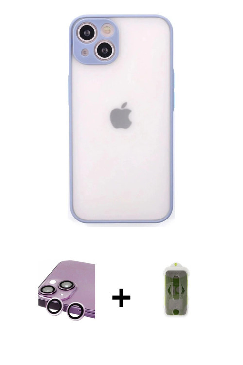 ieg™ iPhone 14 Kılıf Ahenk Çizgi Serisi - Siyah Joko Magic 5D Hayalet Cam + Mor Raze Metal Kamera Le