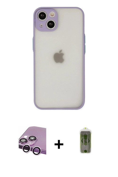 ieg™ iPhone 14 Kılıf Ahenk Çizgi Serisi - Siyah Joko Magic 5D Hayalet Cam + Mor Raze Metal Kamera Le