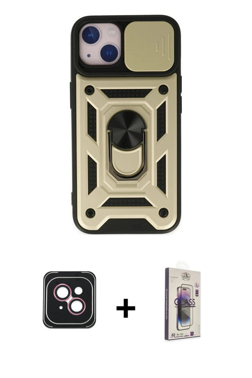 ieg™ iPhone 14 Kılıf Ahenk Klasik - Siyah Bilvis 3D Cam Ekran Koruyucu + Pembe PVD Metal Kamera Lens