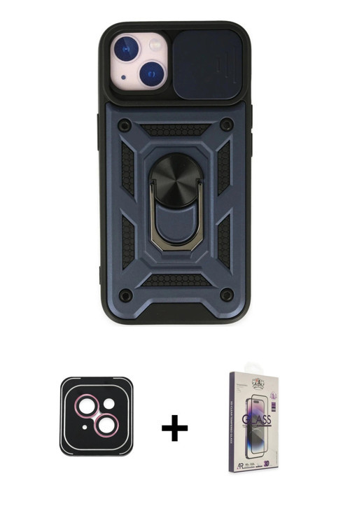 ieg™ iPhone 14 Kılıf Ahenk Klasik - Siyah Bilvis 3D Cam Ekran Koruyucu + Pembe PVD Metal Kamera Lens