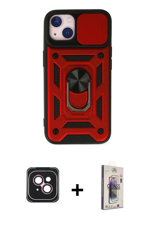 ieg™ iPhone 14 Kılıf Ahenk Klasik - Siyah Bilvis 3D Cam Ekran Koruyucu + Pembe PVD Metal Kamera Lens