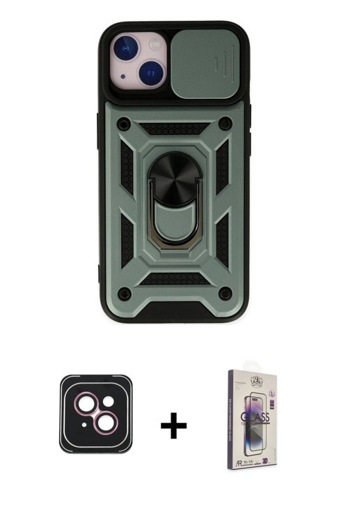 ieg™ iPhone 14 Kılıf Ahenk Klasik - Siyah Bilvis 3D Cam Ekran Koruyucu + Pembe PVD Metal Kamera Lens