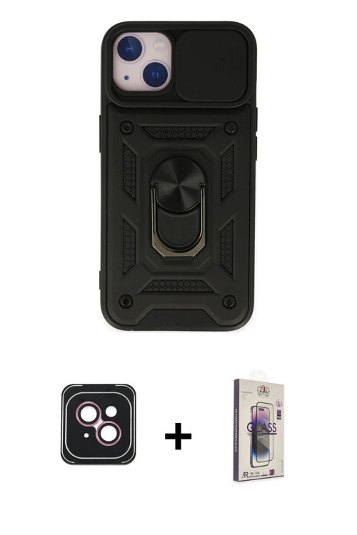 ieg™ iPhone 14 Kılıf Ahenk Klasik - Siyah Bilvis 3D Cam Ekran Koruyucu + Pembe PVD Metal Kamera Lens
