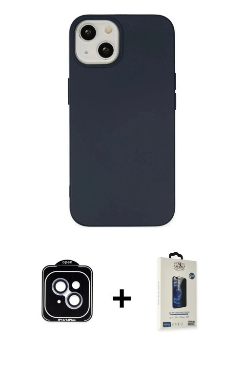 ieg™ iPhone 14 Kılıf Ahenk Serisi - Siyah Bilvis Hayalet Cam Ekran Koruyucu + Mavi PVD Metal Kamera