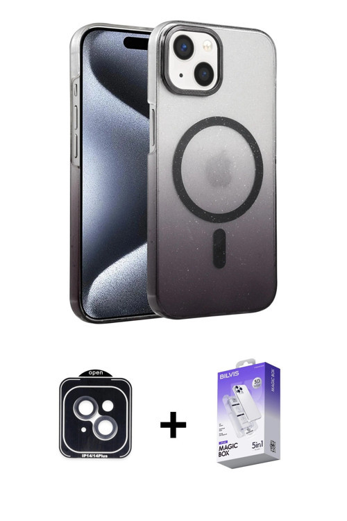 ieg™ iPhone 14 Kılıf Ahenk Doku Özel Seri - Siyah Bilvis 5in1 3D Magic Cam Ekran Koruyucu + Siyah PV
