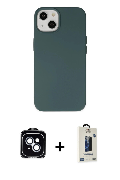 ieg™ iPhone 14 Kılıf Ahenk Serisi - Siyah Bilvis Hayalet Cam Ekran Koruyucu + Mavi PVD Metal Kamera