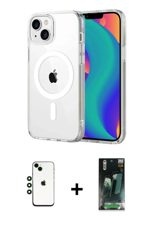 ieg™ iPhone 14 Kılıf Ahenk Minimal Serisi - Şeffaf 360 Full Body Arka Koruyucu + Yeşil Shine Kamera