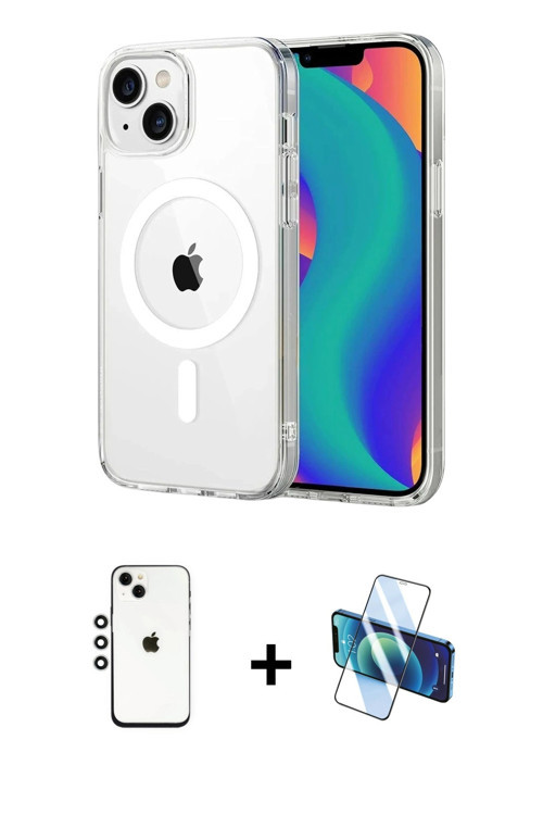 ieg™ iPhone 14 Kılıf Ahenk Minimal Serisi - Siyah 3D Antistatik Cam Ekran Koruyucu + Gümüş Shine Kam