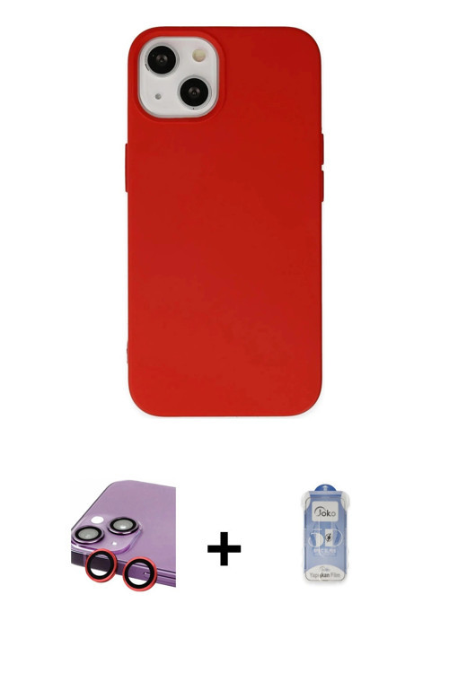 ieg™ iPhone 14 Kılıf Ahenk Serisi - Siyah Joko Magic 5D Cam + Kırmızı Raze Metal Kamera Lens