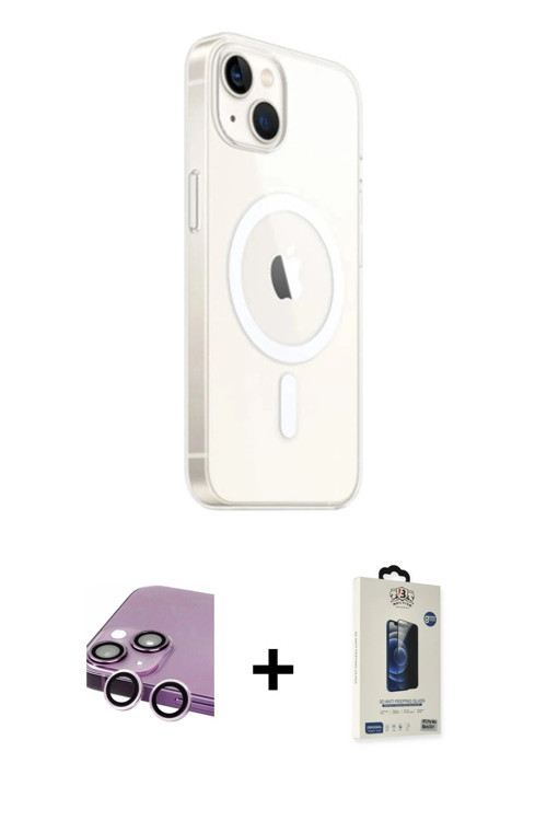ieg™ iPhone 14 Kılıf Ahenk Yansıma Prime - Siyah Bilvis Hayalet Cam Ekran Koruyucu + Mor Raze Metal