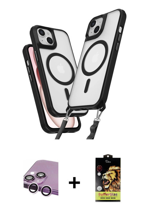 ieg™ iPhone 14 Kılıf Atlas Doku Koleksiyonu - Siyah Buffer Cam Ekran Koruyucu + Mor Raze Metal Kamer