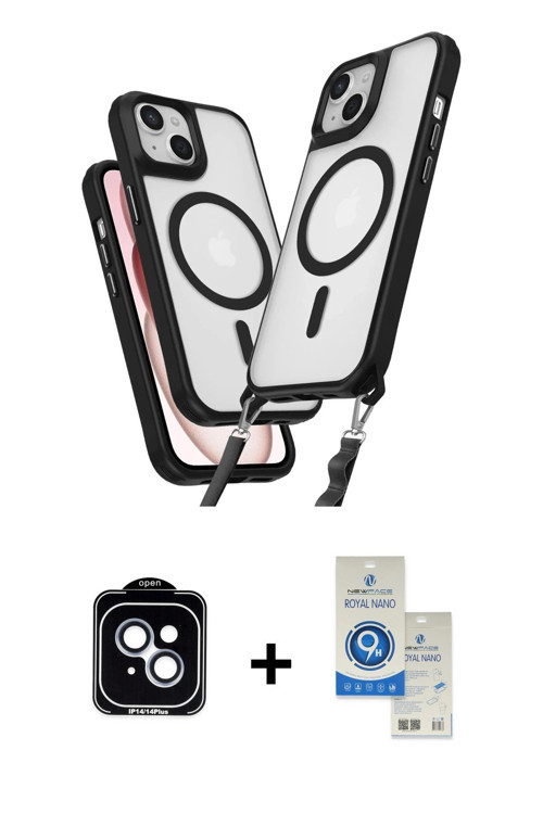 ieg™ iPhone 14 Kılıf Atlas Doku Koleksiyonu - Şeffaf Royal Nano Ekran Koruyucu + Mavi PVD Metal Kame