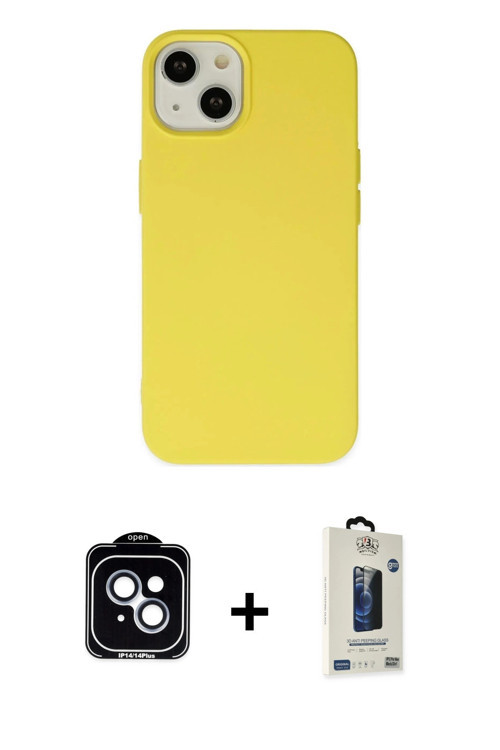 ieg™ iPhone 14 Kılıf Ahenk Serisi - Siyah Bilvis Hayalet Cam Ekran Koruyucu + Mavi PVD Metal Kamera