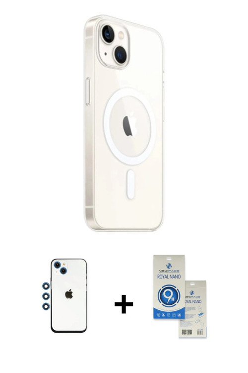 ieg™ iPhone 14 Kılıf Ahenk Yansıma Prime - Şeffaf Royal Nano Ekran Koruyucu + Mavi Shine Kamera Lens