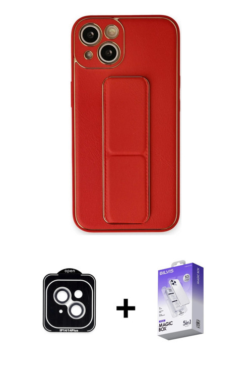 ieg™ iPhone 14 Kılıf Akış Doku - Siyah Bilvis 5in1 3D Magic Cam Ekran Koruyucu + Gümüş PVD Metal Kam