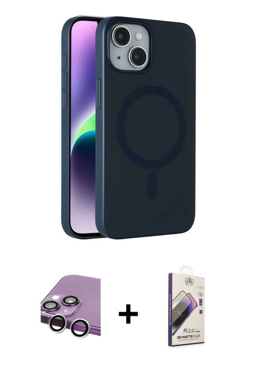 ieg™ iPhone 14 Kılıf Çekirdek Modern Prime - Siyah Bilvis 3D Mat Cam Ekran Koruyucu + Gümüş Raze Met