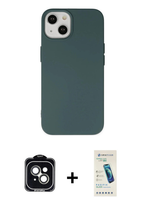 ieg™ iPhone 14 Kılıf Ahenk Serisi - Şeffaf Pasifik Cam Ekran Koruyucu + Yeşil PVD Metal Kamera Lens