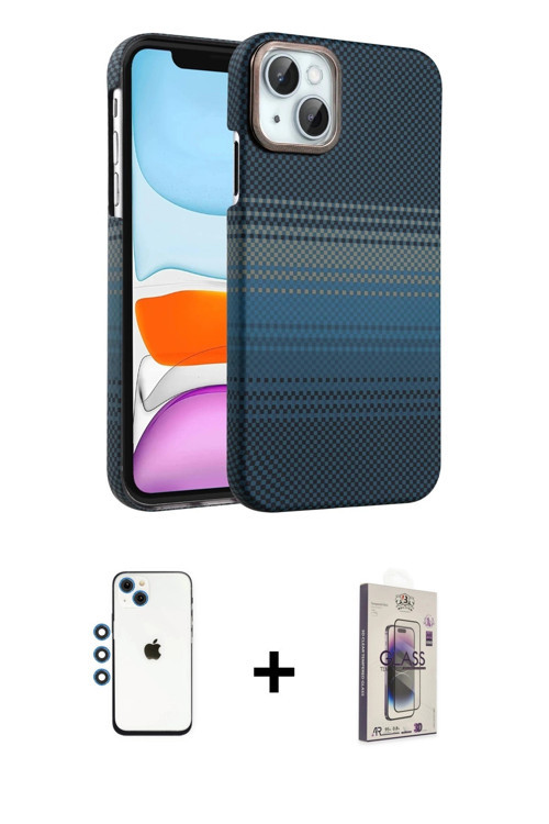 ieg™ iPhone 14 Kılıf Doruk Serisi - Siyah Bilvis 3D Cam Ekran Koruyucu + Mavi Shine Kamera Lens
