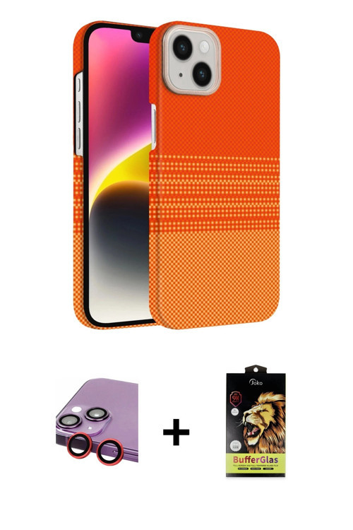 ieg™ iPhone 14 Kılıf Doruk Serisi - Siyah Buffer Cam Ekran Koruyucu + Kırmızı Raze Metal Kamera Lens