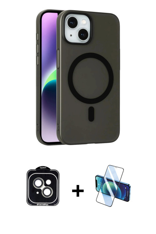 ieg™ iPhone 14 Kılıf Çekirdek Modern Prime - Siyah 3D Antistatik Cam Ekran Koruyucu + Yeşil PVD Meta