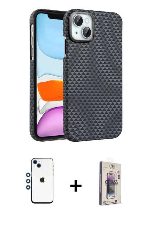 ieg™ iPhone 14 Kılıf Doruk Serisi - Siyah Bilvis 3D Cam Ekran Koruyucu + Mavi Shine Kamera Lens