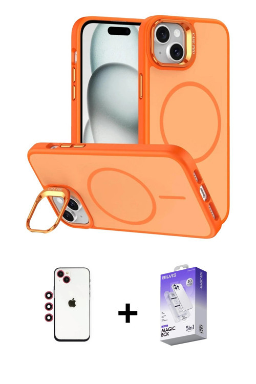 ieg™ iPhone 14 Kılıf Çekirdek Klasik - Siyah Bilvis 5in1 3D Magic Cam Ekran Koruyucu + Kırmızı Shine
