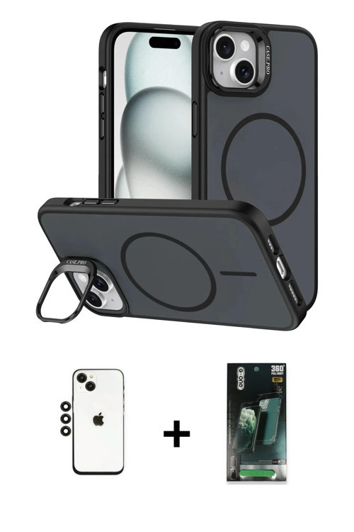ieg™ iPhone 14 Kılıf Çekirdek Klasik - Şeffaf 360 Full Body Arka Koruyucu + Siyah Shine Kamera Lens