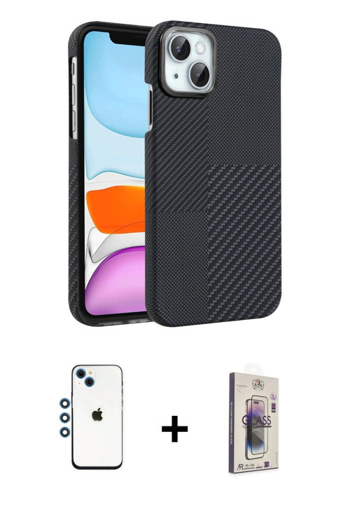 ieg™ iPhone 14 Kılıf Doruk Serisi - Siyah Bilvis 3D Cam Ekran Koruyucu + Mavi Shine Kamera Lens