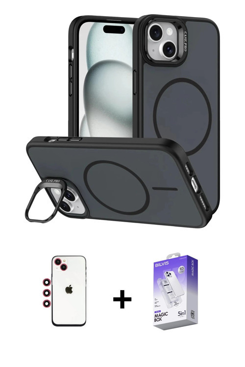 ieg™ iPhone 14 Kılıf Çekirdek Klasik - Siyah Bilvis 5in1 3D Magic Cam Ekran Koruyucu + Kırmızı Shine