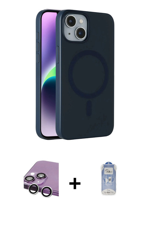 ieg™ iPhone 14 Kılıf Çekirdek Modern Prime - Siyah Joko Magic 5D Cam + Gümüş Raze Metal Kamera Lens