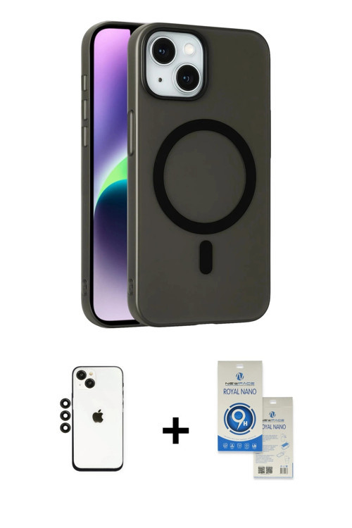 ieg™ iPhone 14 Kılıf Çekirdek Modern Prime - Şeffaf Royal Nano Ekran Koruyucu + Siyah Shine Kamera L