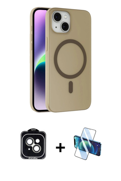 ieg™ iPhone 14 Kılıf Çekirdek Modern Prime - Siyah 3D Antistatik Cam Ekran Koruyucu + Yeşil PVD Meta