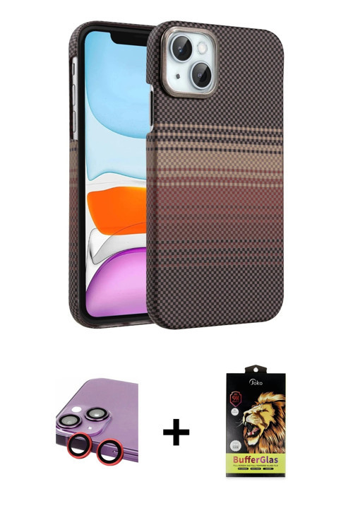 ieg™ iPhone 14 Kılıf Doruk Serisi - Siyah Buffer Cam Ekran Koruyucu + Kırmızı Raze Metal Kamera Lens