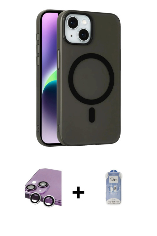 ieg™ iPhone 14 Kılıf Çekirdek Modern Prime - Siyah Joko Magic 5D Cam + Gümüş Raze Metal Kamera Lens