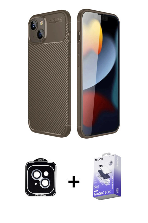 ieg™ iPhone 14 Kılıf Eksen Form Prime - Siyah Bilvis 5in1 5D Magic Hayalet Cam Ekran Koruyucu + Mavi