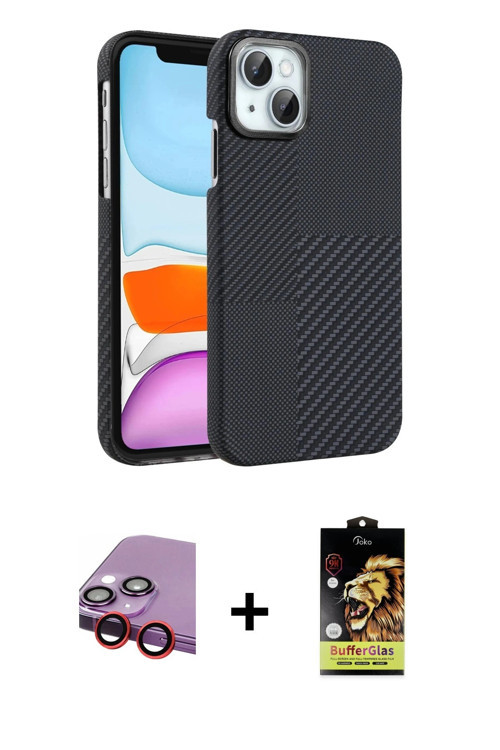 ieg™ iPhone 14 Kılıf Doruk Serisi - Siyah Buffer Cam Ekran Koruyucu + Kırmızı Raze Metal Kamera Lens