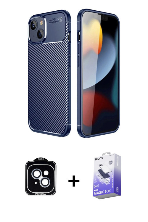 ieg™ iPhone 14 Kılıf Eksen Form Prime - Siyah Bilvis 5in1 5D Magic Hayalet Cam Ekran Koruyucu + Mavi