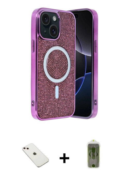 ieg™ iPhone 14 Kılıf Eksen Çizgi - Siyah Joko Magic 5D Hayalet Cam + Pembe Diamond Kamera Lens