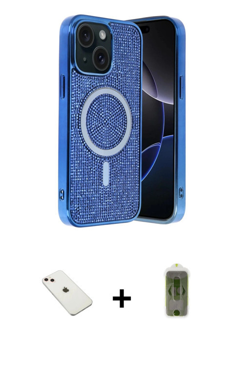 ieg™ iPhone 14 Kılıf Eksen Çizgi - Siyah Joko Magic 5D Hayalet Cam + Pembe Diamond Kamera Lens
