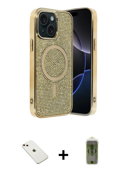 ieg™ iPhone 14 Kılıf Eksen Çizgi - Siyah Joko Magic 5D Hayalet Cam + Pembe Diamond Kamera Lens