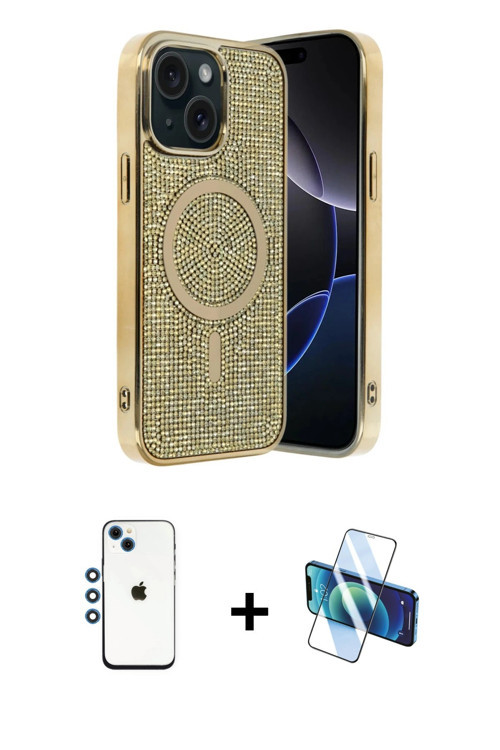 ieg™ iPhone 14 Kılıf Eksen Çizgi - Siyah 3D Antistatik Cam Ekran Koruyucu + Mavi Shine Kamera Lens