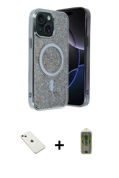 ieg™ iPhone 14 Kılıf Eksen Çizgi - Siyah Joko Magic 5D Hayalet Cam + Pembe Diamond Kamera Lens