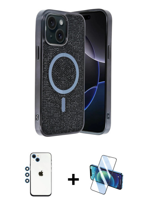 ieg™ iPhone 14 Kılıf Eksen Çizgi - Siyah 3D Antistatik Cam Ekran Koruyucu + Mavi Shine Kamera Lens
