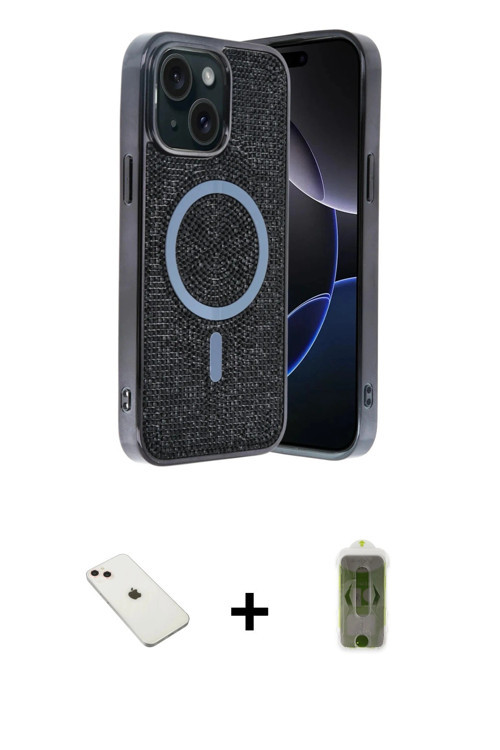 ieg™ iPhone 14 Kılıf Eksen Çizgi - Siyah Joko Magic 5D Hayalet Cam + Pembe Diamond Kamera Lens