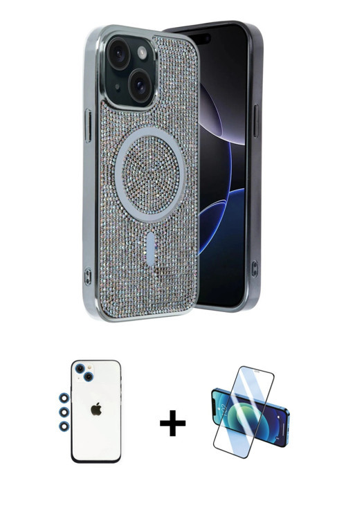 ieg™ iPhone 14 Kılıf Eksen Çizgi - Siyah 3D Antistatik Cam Ekran Koruyucu + Mavi Shine Kamera Lens